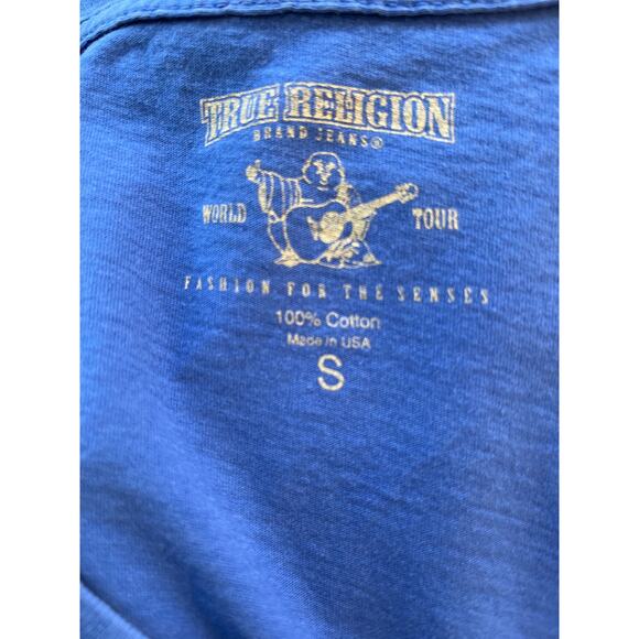 True Religion Peace Sign V-Neck Blue Short Sleeve Shirt Women's Size Small - Picture 5 of 5